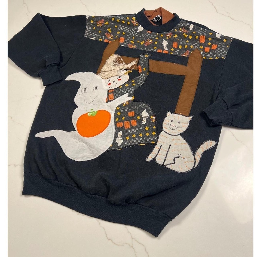 Vintage 90s Halloween Sweatshirt Ghost Cat Witch Applique Black Made in USA L
